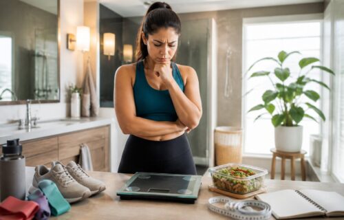 امرأة تقف على ميزان رقمي بجانب أدوات رياضية ووجبة صحية وتبدو حائرة من ثبات وزنها.